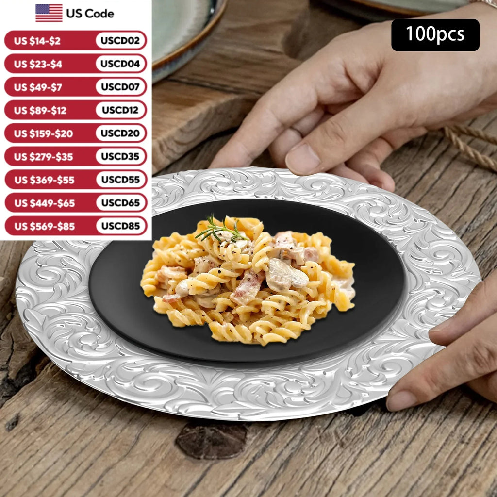 100PCS 13-Inch Round Charger Plates – Decorative Silver/Green Table Setting Plates for Weddings, Parties, Events & Kitchen Dining