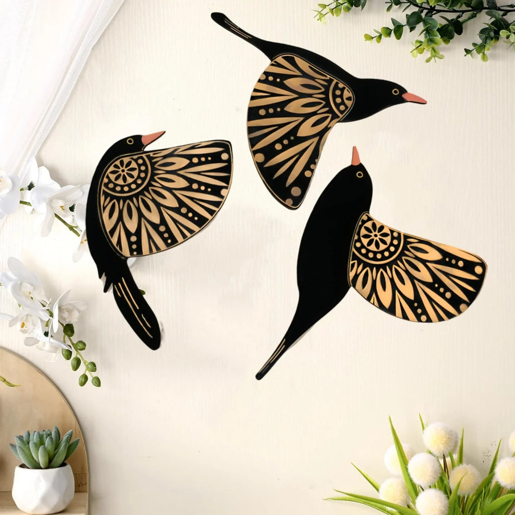 3-Piece Wooden Bird Wall Decor Set – Patterned Boho Home Decor for Indoors & Outdoors