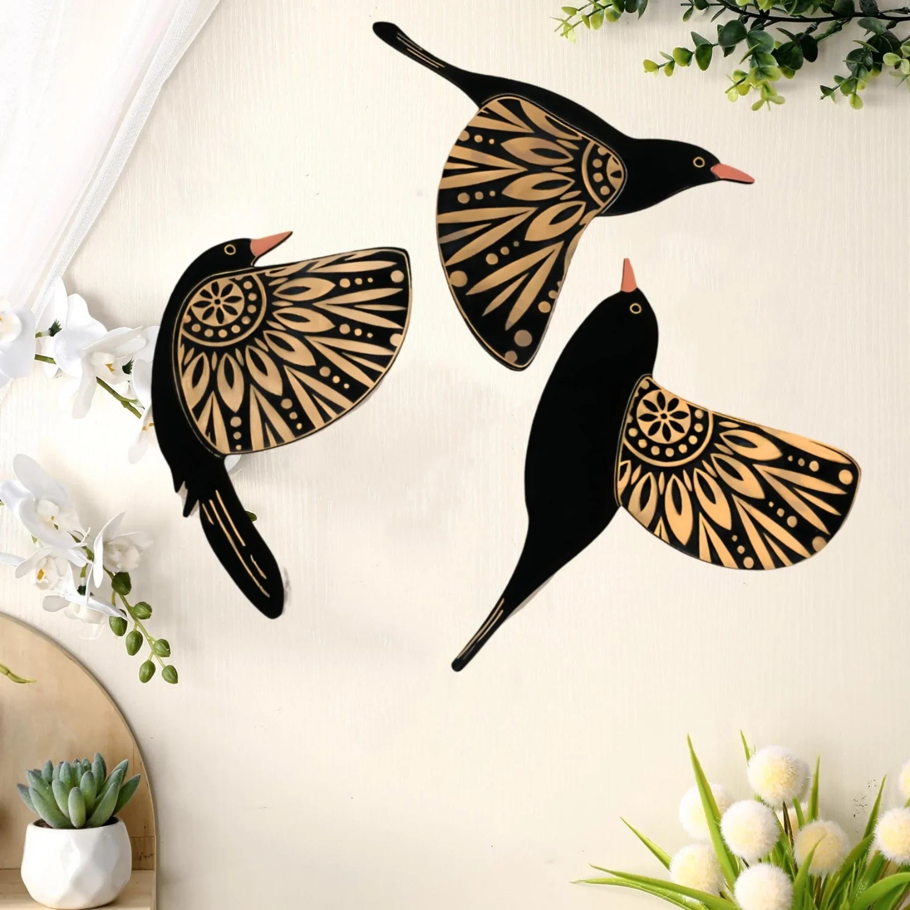 3-Piece Wooden Bird Wall Decor Set – Patterned Boho Home Decor for Indoors & Outdoors
