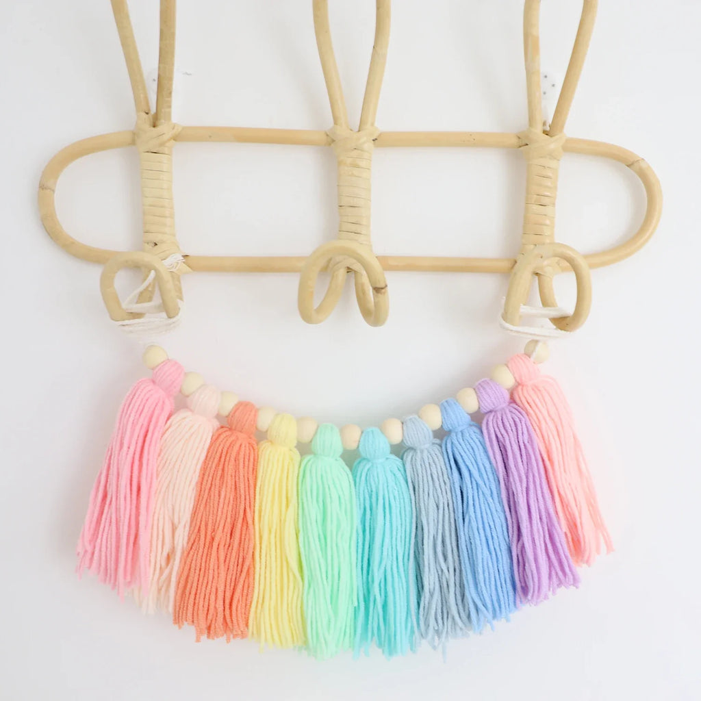 Boho Rainbow Tassel Garland with Wooden Beads