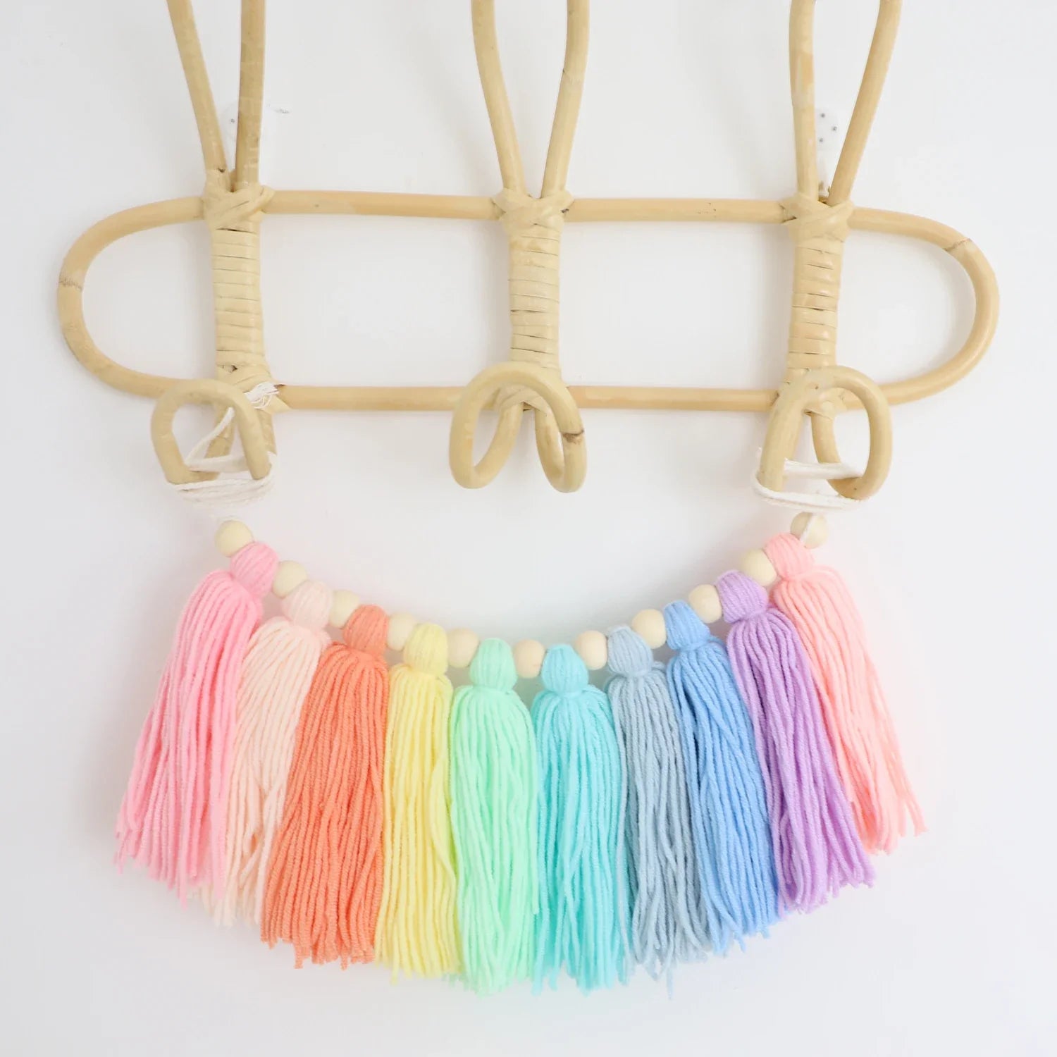 Boho Rainbow Tassel Garland with Wooden Beads