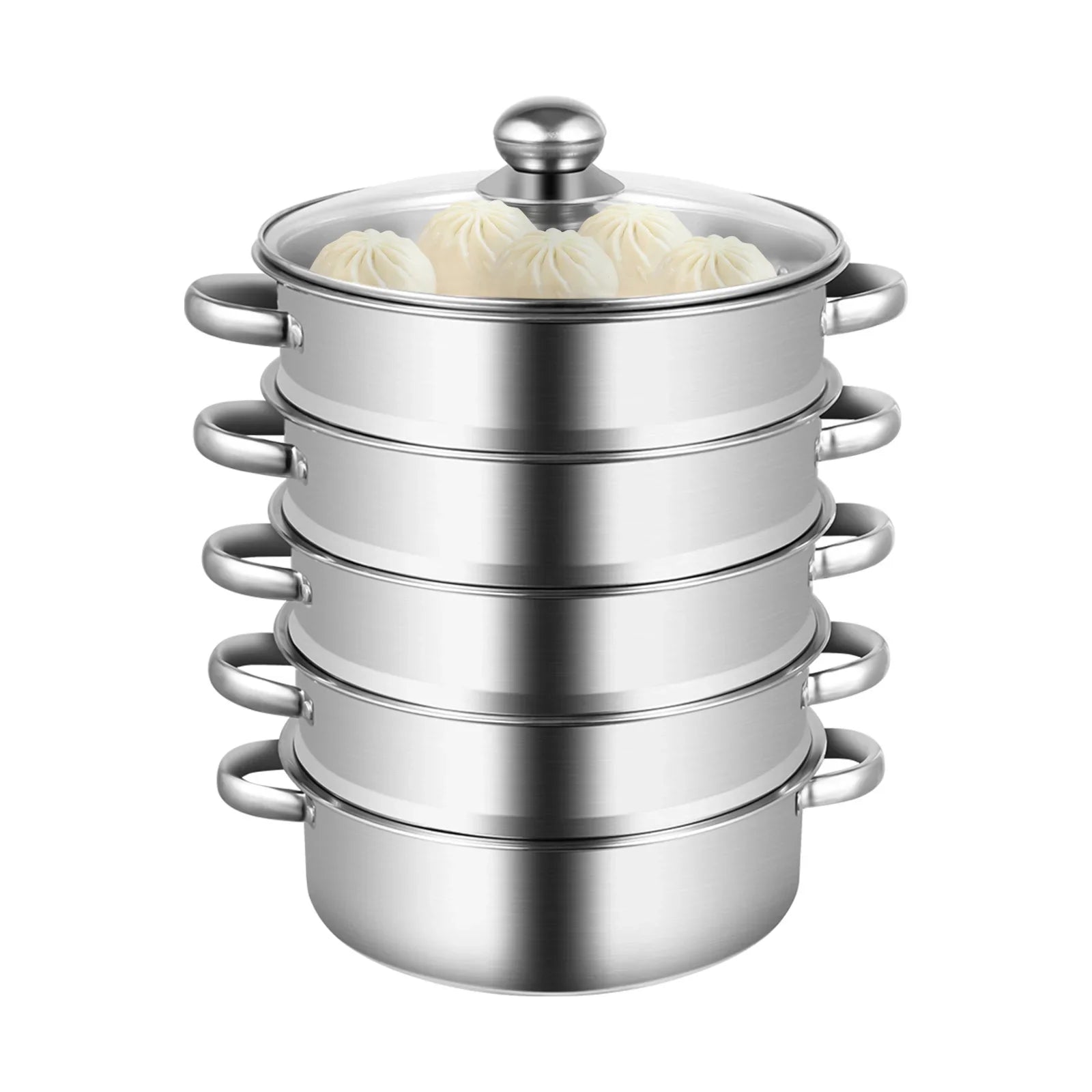 5-Tier Stainless Steel Steamer 15kg  Adjustable Grids Glass Lid for Home Kitchen Restaurant Dormitory Cooking