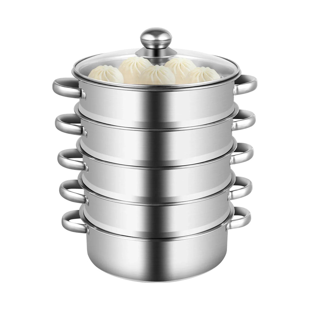 5-Tier Stainless Steel Steamer 15kg  Adjustable Grids Glass Lid for Home Kitchen Restaurant Dormitory Cooking
