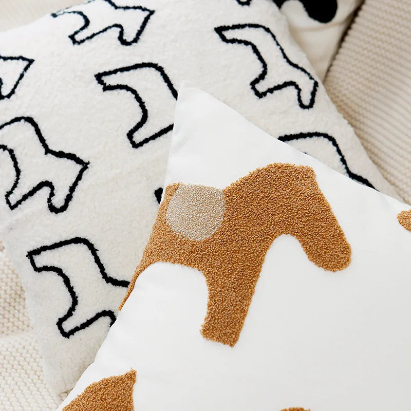 Nordic Embroidered Animal Pillow Cover – Modern Boho Plush Cushion for Couch, Bed or Nursery