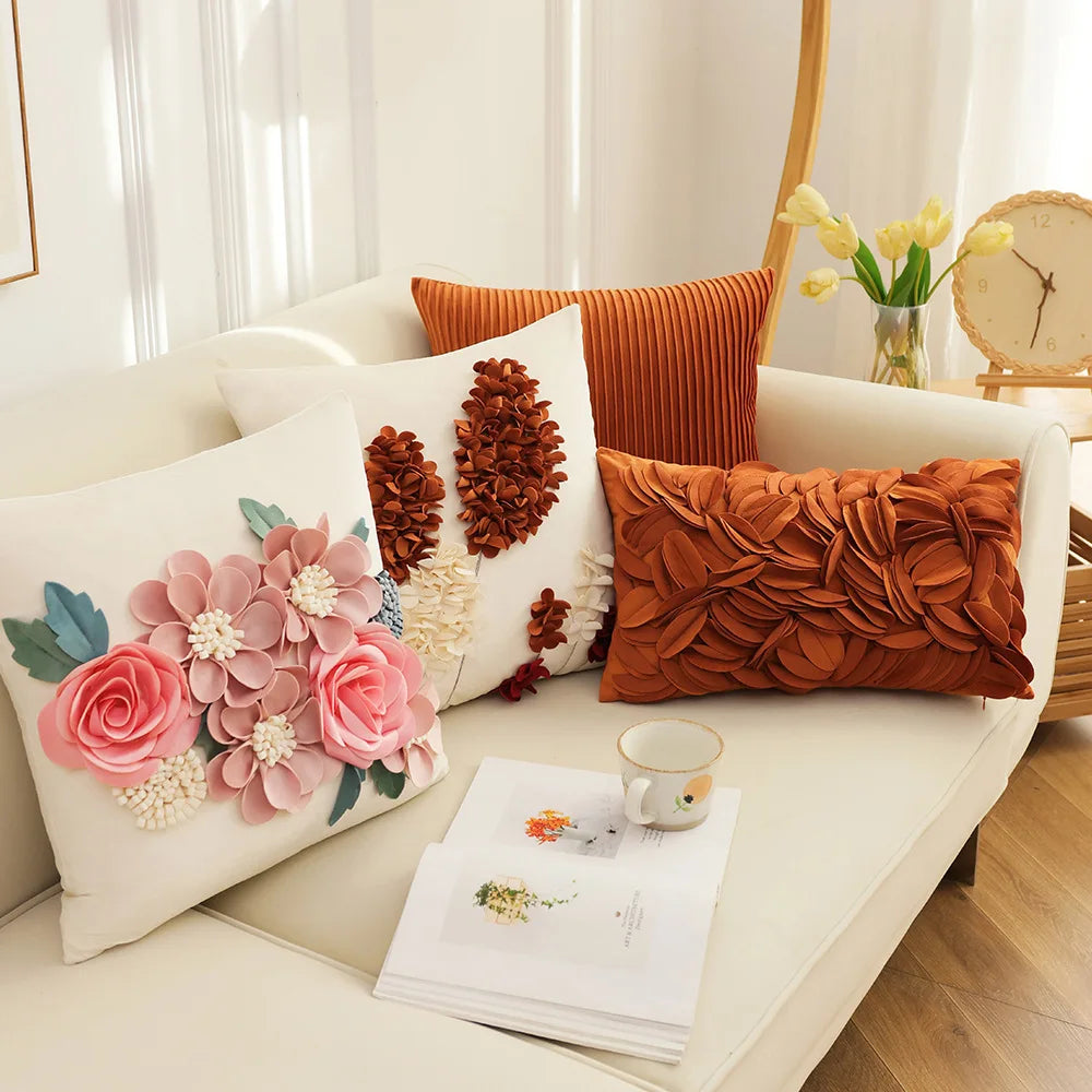 French Style Embroidered Patchwork Pillow Cover – Floral Cushion for Sofa, Bed & Living Room Decor
