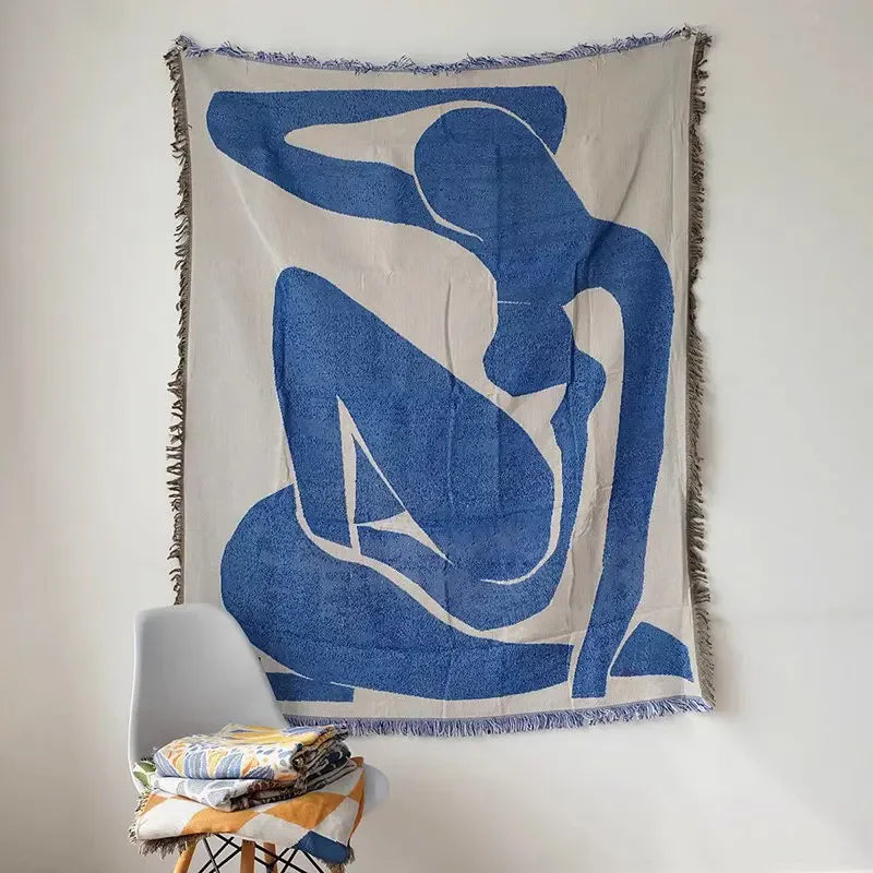 Blue Leaf Embroidered Throw Blanket