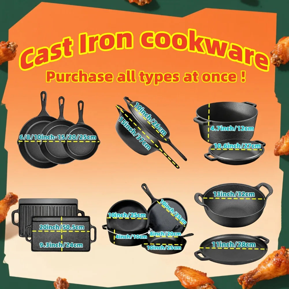 3PCS Pre-Seasoned Cast Iron Skillet Set (6/8/10 Inch) – Heavy-Duty Frying Pans for Oven, Grill & Campfire Cooking, Even Heat with Natural Non-Stick Surface