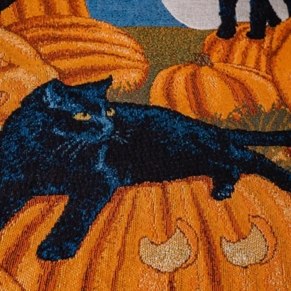 Halloween Black Cat Pumpkin Throw Blanket – Spooky Woven Tapestry with Cats & Pumpkins for Cozy Autumn Home Decor