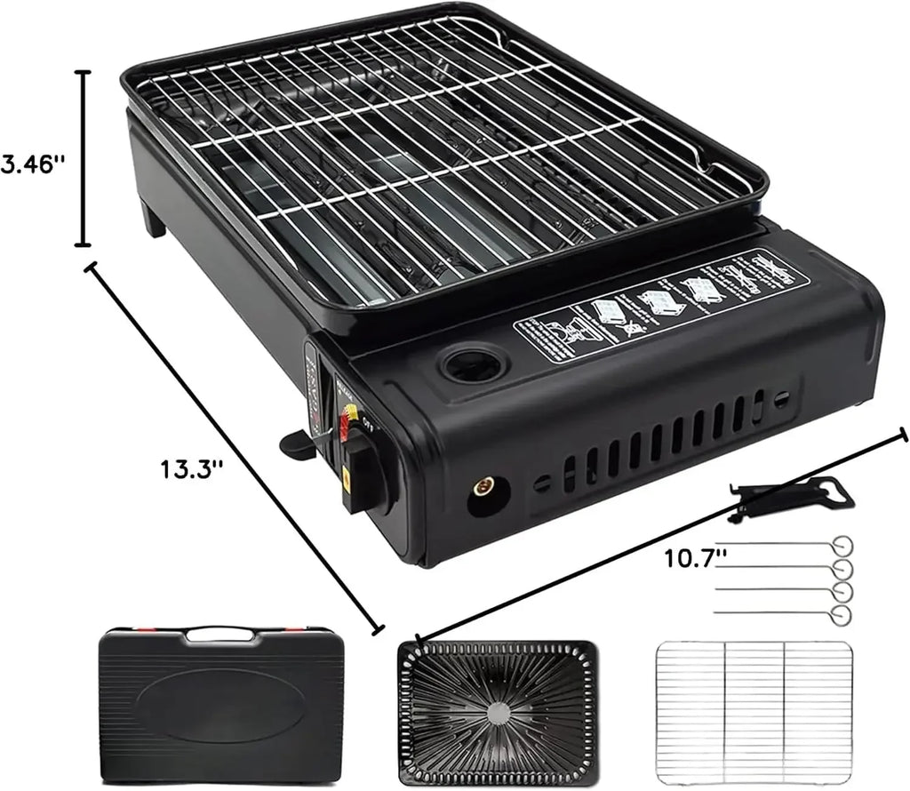 Portable Butane Gas Grill Stove Dual Inlets Adjustable Firepower with Carrying Case Grill Net for Camping Outdoor Use