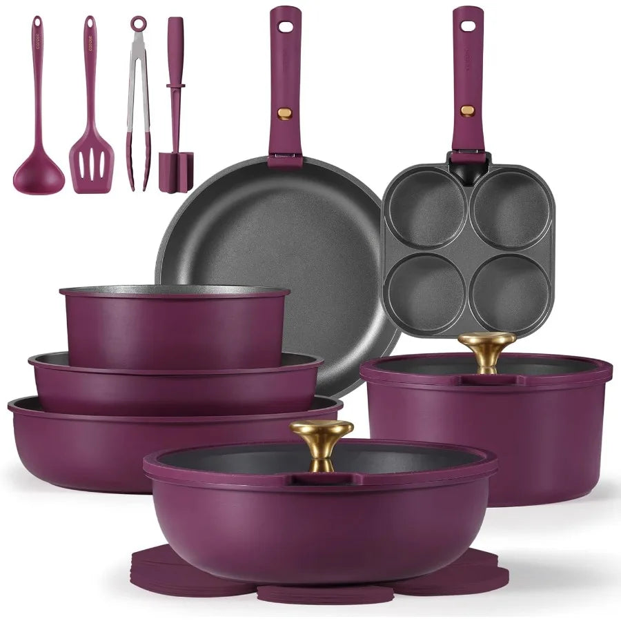 21pcs Pots and Pans Set, Nonstick Cookware Set Detachable Handle, Induction Kitchen Cookware Sets Non Stick with Removable Handl