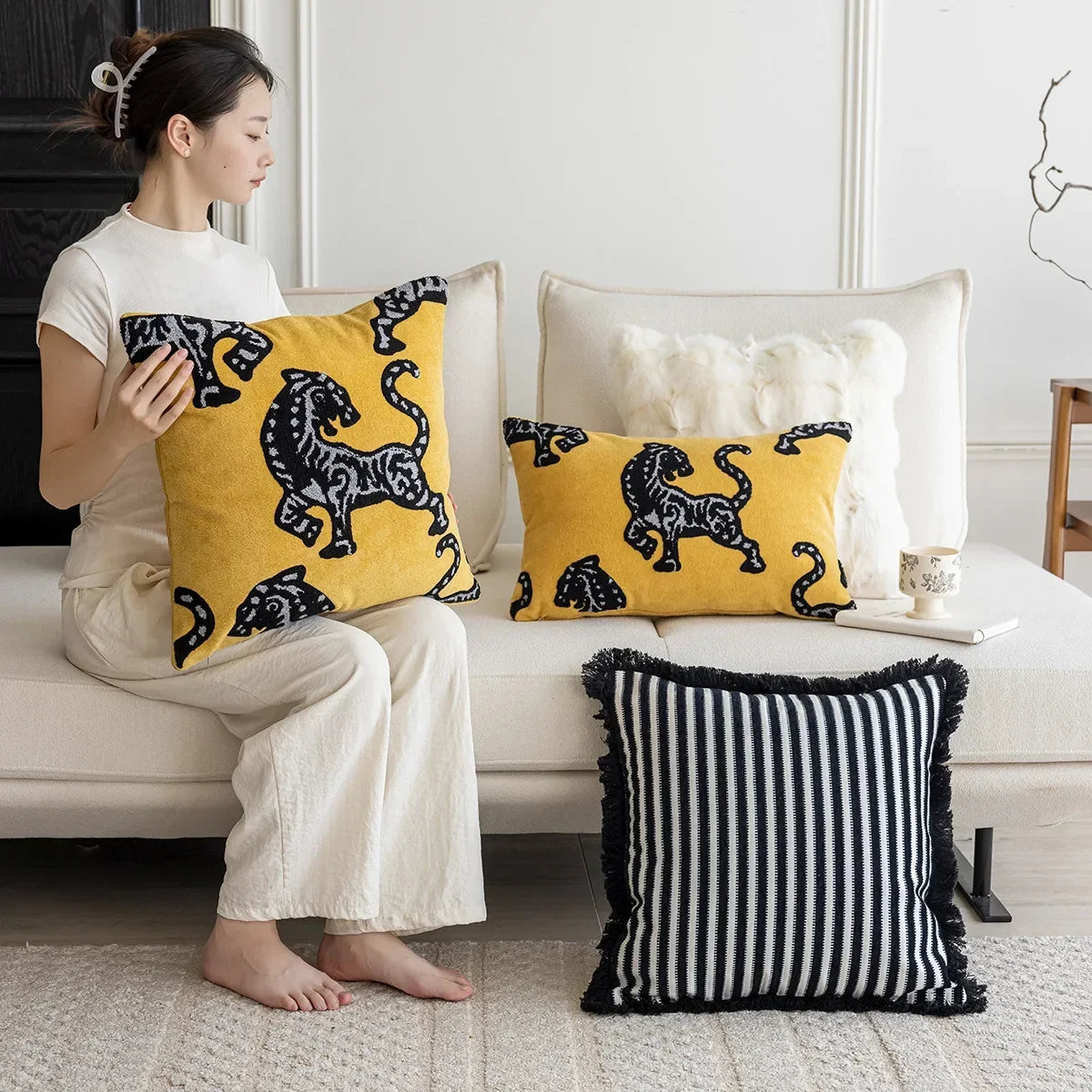 Tiger Embroidered Throw Pillow Cover – Luxury Boho Cushion Case for Sofa, Bed & Home Decor