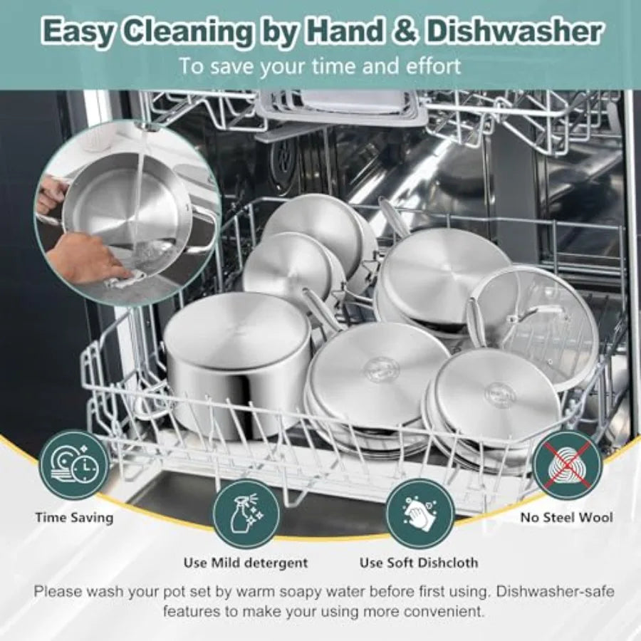 10 Pcs Pots and Pans Set Stainless Steel Cookware Sets for Kitchen Induction Cookware Nontoxic Kitchen Cooking Set w Fry Pans S