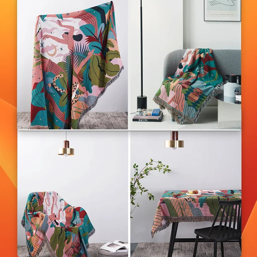 Forest Dancer Throw Blanket – Jungle Leaves Sofa Cover with Tassels