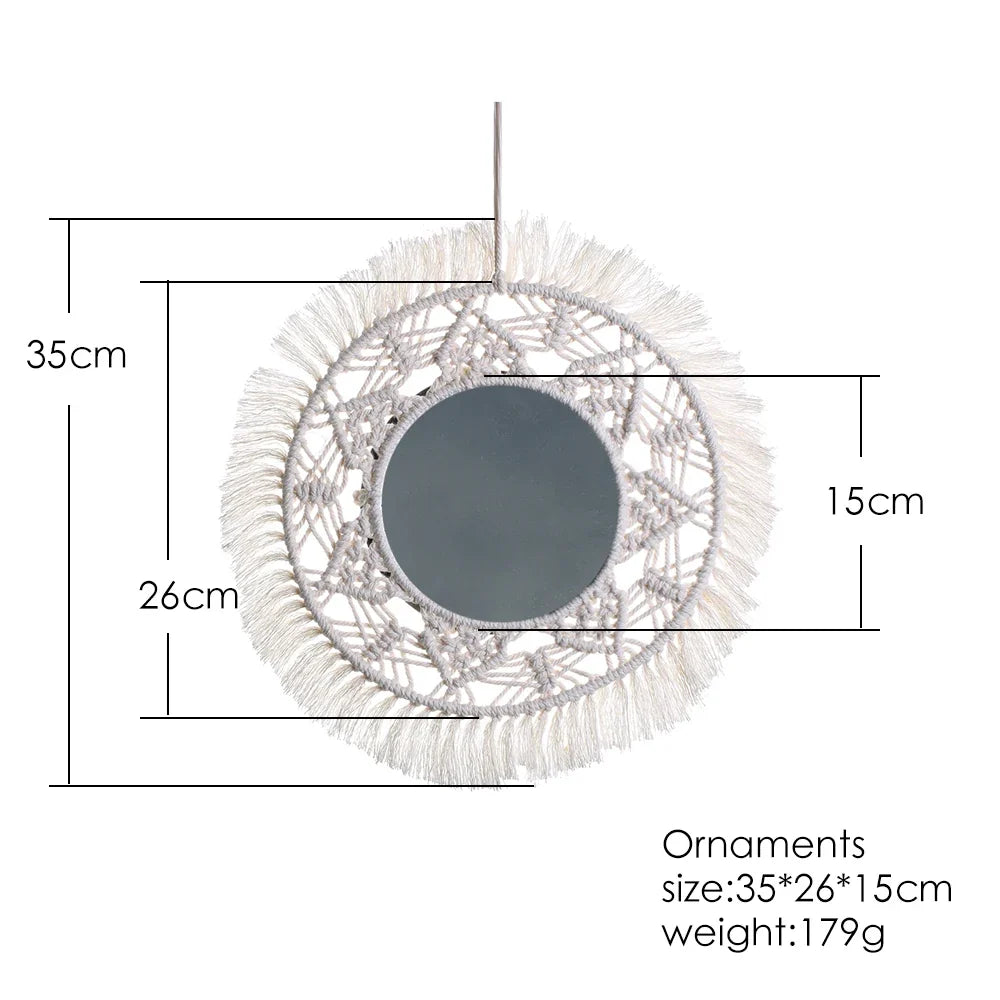 Boho Macrame Round Wall Mirror – Decorative Hanging Mirror for Bedroom & Living Room - Cream with Hanging Leaves