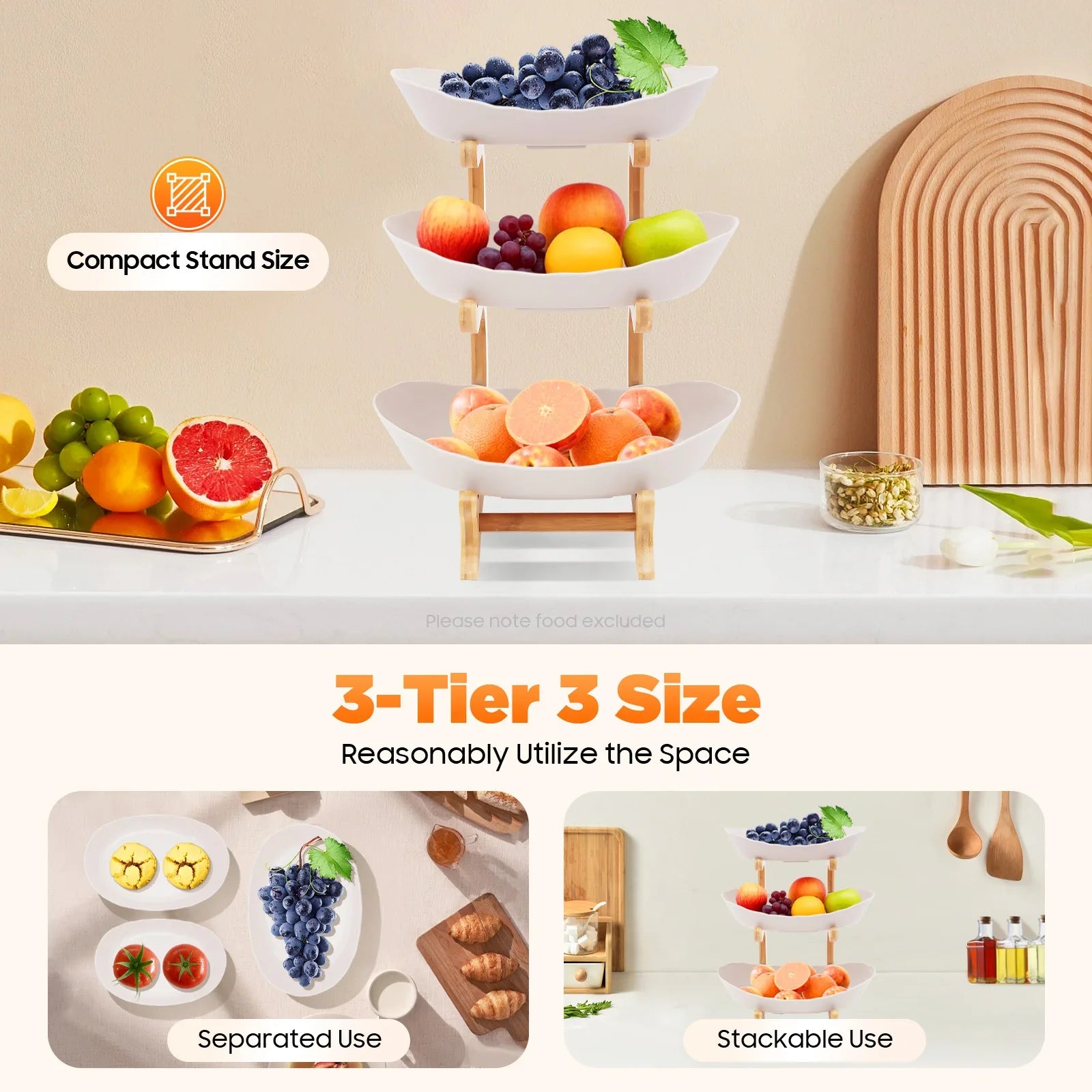 3-Tier Fruit Plate,Snack Dessert Cake Tray Plate Rack for Party Wedding,Fruit Bowl W/ Bamboo Wood Stand,Candy Dish Cake Stand