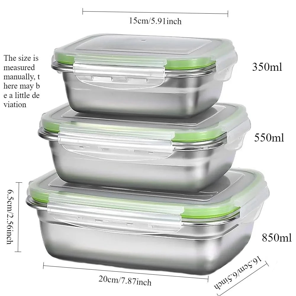 3 Pieces Stainless Steel Food Containers Food Storage Box Square Lunch Box 400/750/1200ml