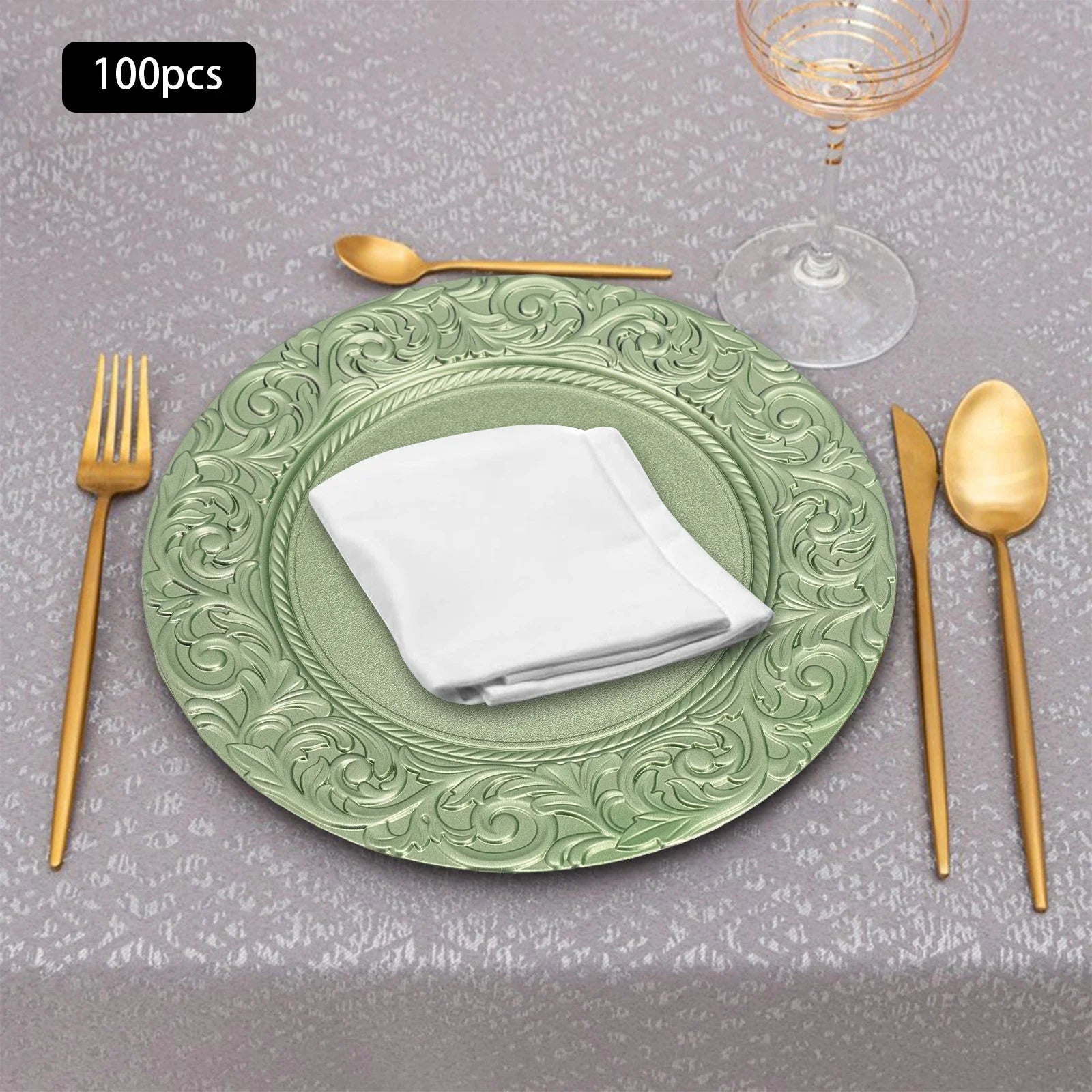 100PCS Charger Plates Set 13 inch Round Charger Plates Kitchen Dish Charger for Wedding Party Decoration Silver/Green