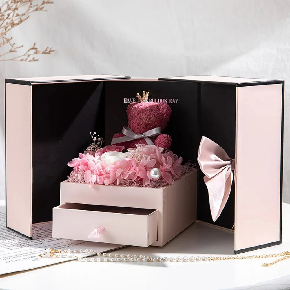 Rose Bear Gift Box with Eternal Rose and Necklace