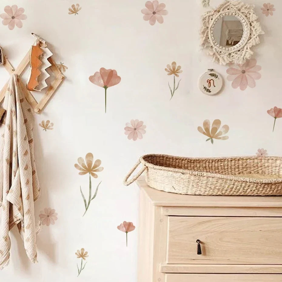 Boho Floral Leaf Wall Stickers – Removable 3D Vinyl Decals for Kids' Nursery & Home Decor - Pink Flowers
