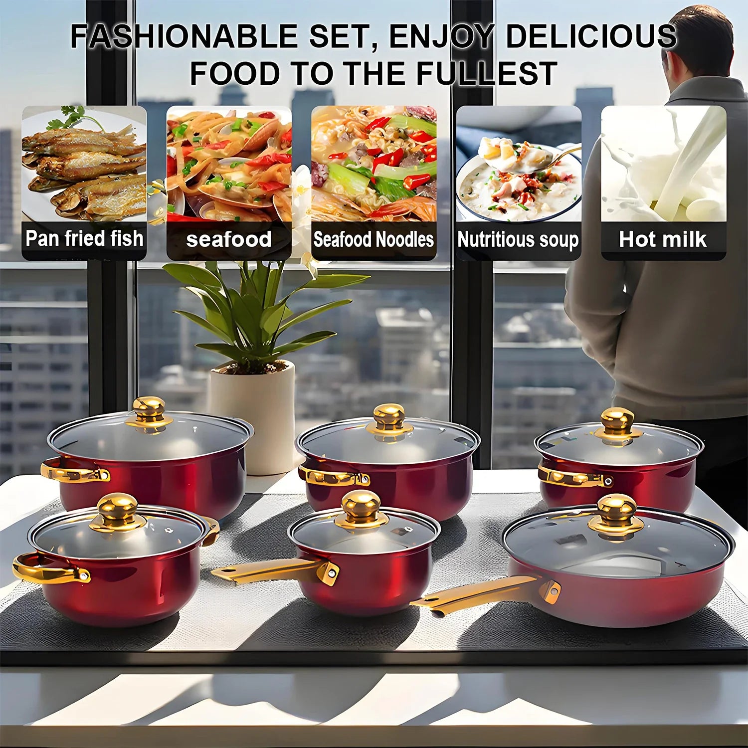 12-Piece Red Stainless Steel Cookware Set – Non-Stick Pots & Pans, Stylish Kitchen Cookware Collection for a Complete Cooking Solution