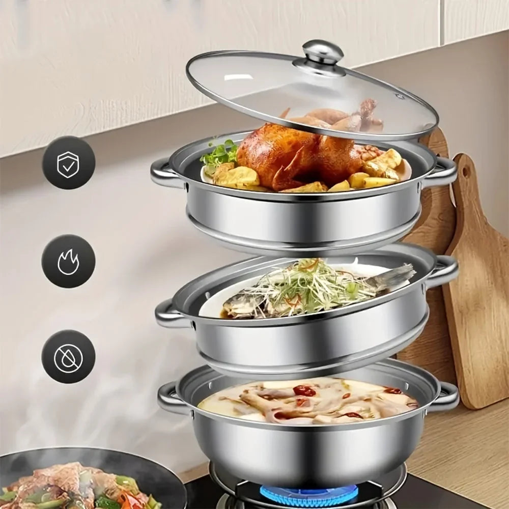 5PCS Stainless Steel Double & Triple Layer Steamer Soup Pot – 2-in-1 Multifunctional Cooking Set