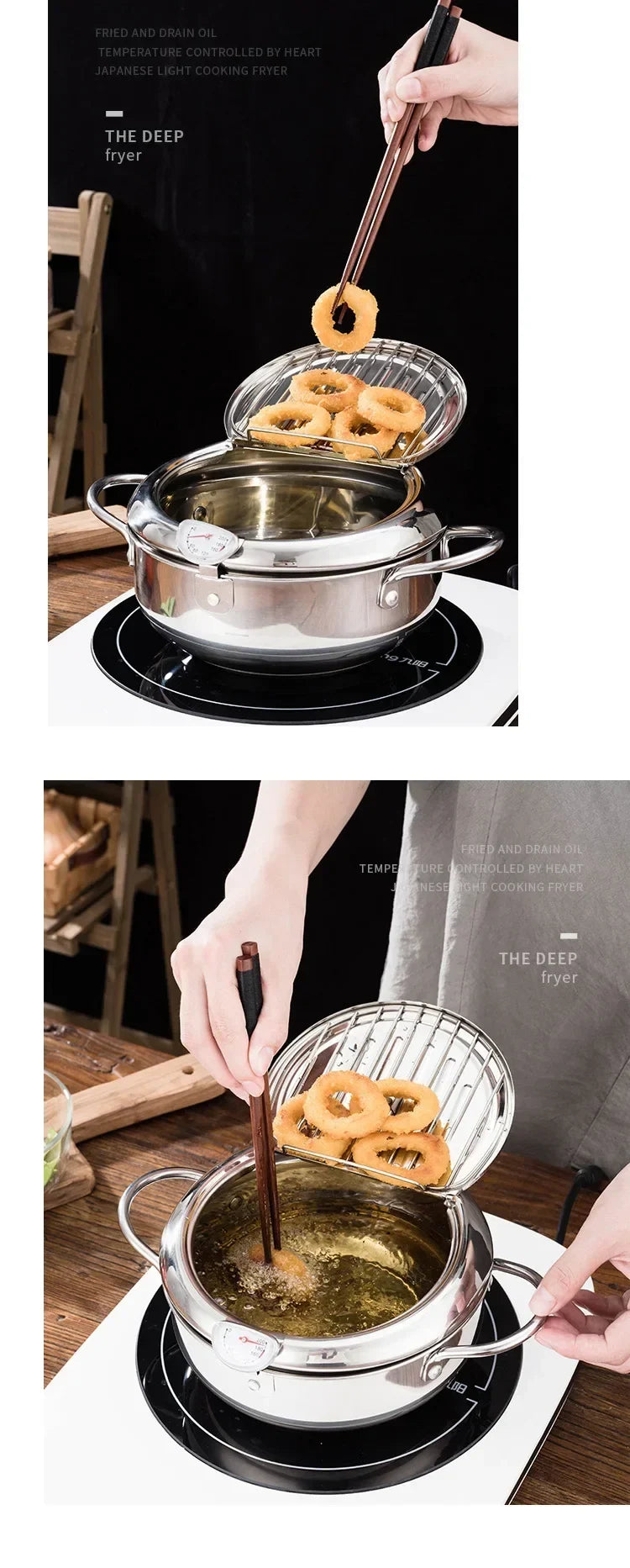 Multifunctional deep fryer with Thermometer and Oil Drip Drainer Rack Household Double Bottom Gas Induction Cooker Kitchen Tools