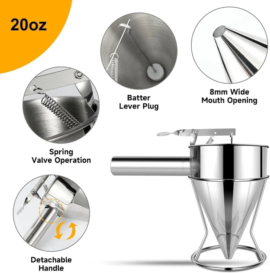 Stainless Steel Pancake Batter Dispenser with Stand – Multi-Caliber Funnel Cake Dispenser with 4 Nozzles for Cupcakes, Waffles & Baked Goods