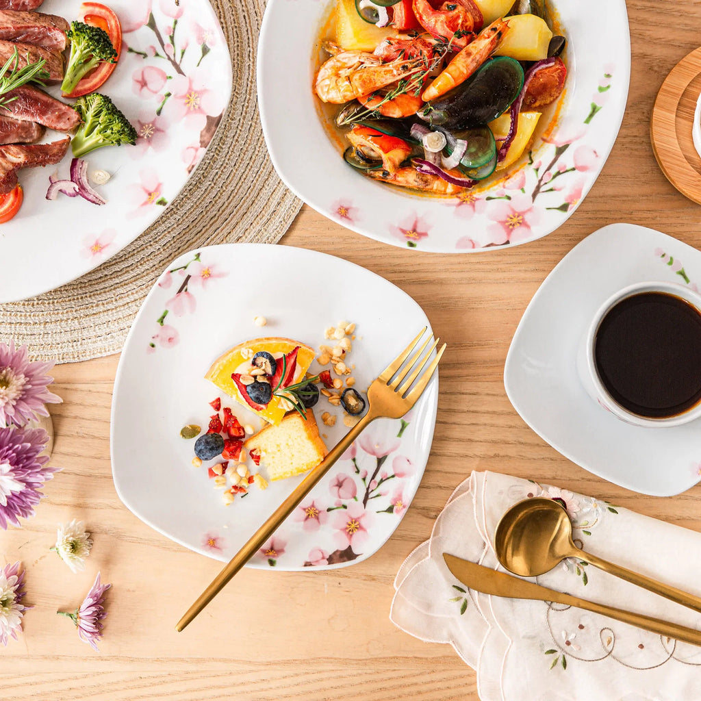 VEWEET ANNIE 60-Piece Porcelain Dinnerware Set – White Ceramic Pink Floral Plates, Bowls, Cups & Saucers for 12 People
