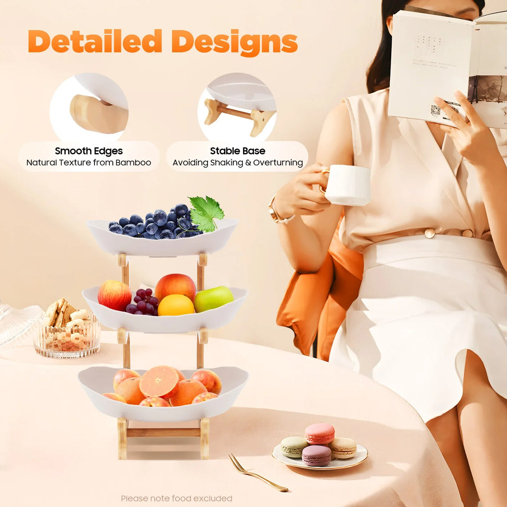 3-Tier Fruit & Dessert Tray Stand – Multi-Layer Snack, Candy & Cake Display with Bamboo Wood Rack for Parties, Weddings & Home Decor