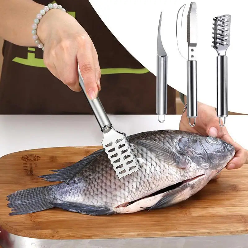 Fish Scale Remover & Shrimp Deveiner Tool – Stainless Steel Scaler Knife, Skin Brush & Kitchen Tweezers for Seafood Cleaning