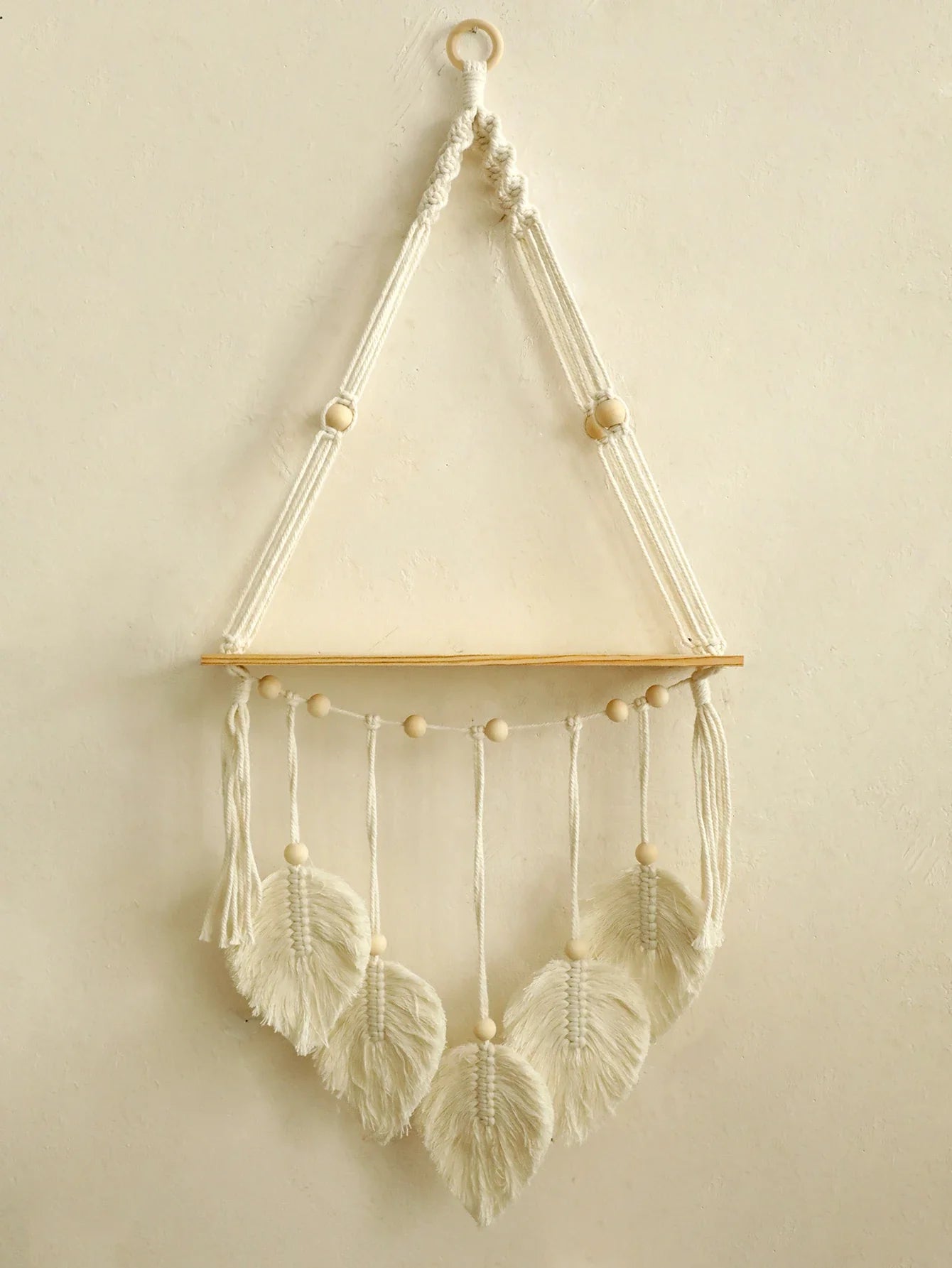 Boho Macrame Floating Wall Shelf with Leaf Tassels