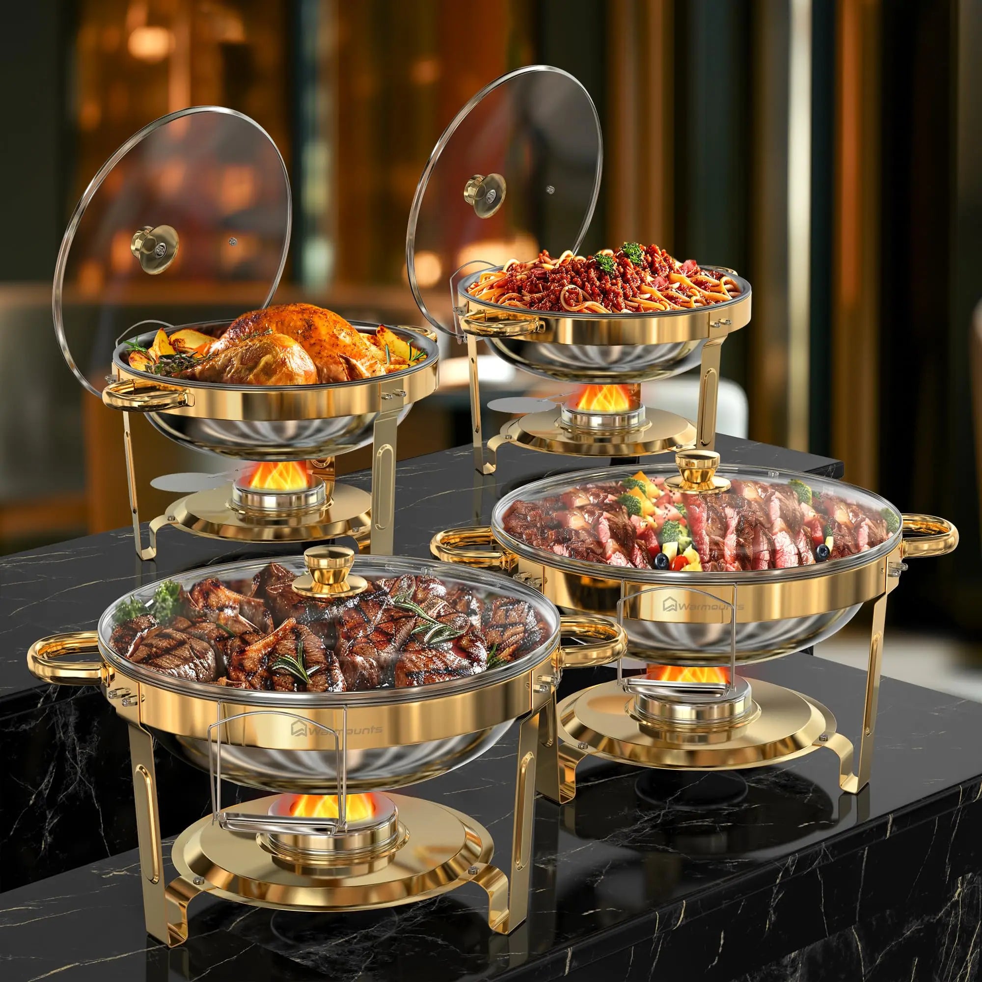 5QT Round Stainless Steel Chafing Dish Set – 2/4 Pack Buffet Warmers for Parties & Events
