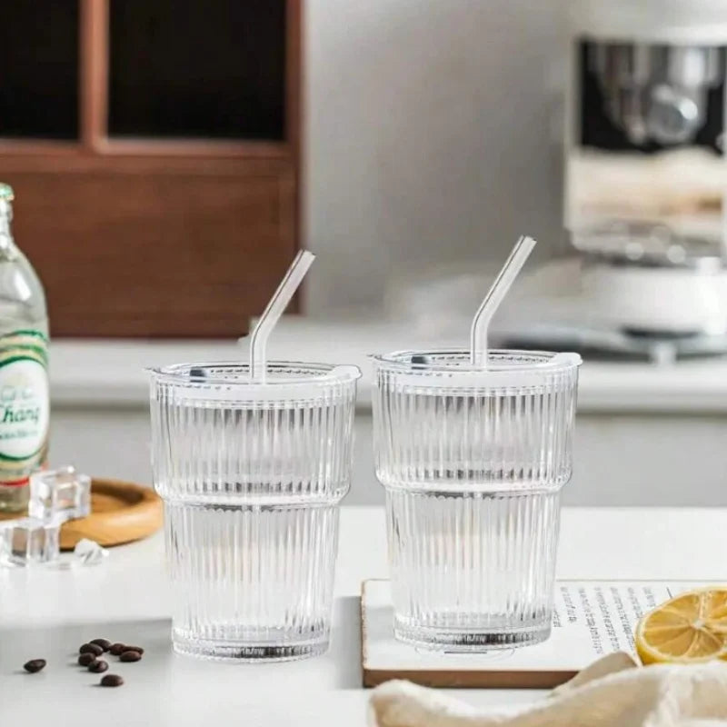 6-Piece Ribbed Vintage Glassware Set – 13.5oz Vertical Stripe Drinking Glasses