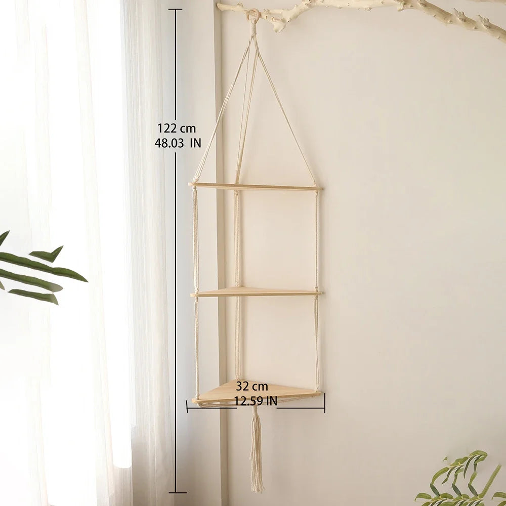 Boho Macrame Hanging Wooden Shelf – Handcrafted Floating Wall Shelf for Home Decor