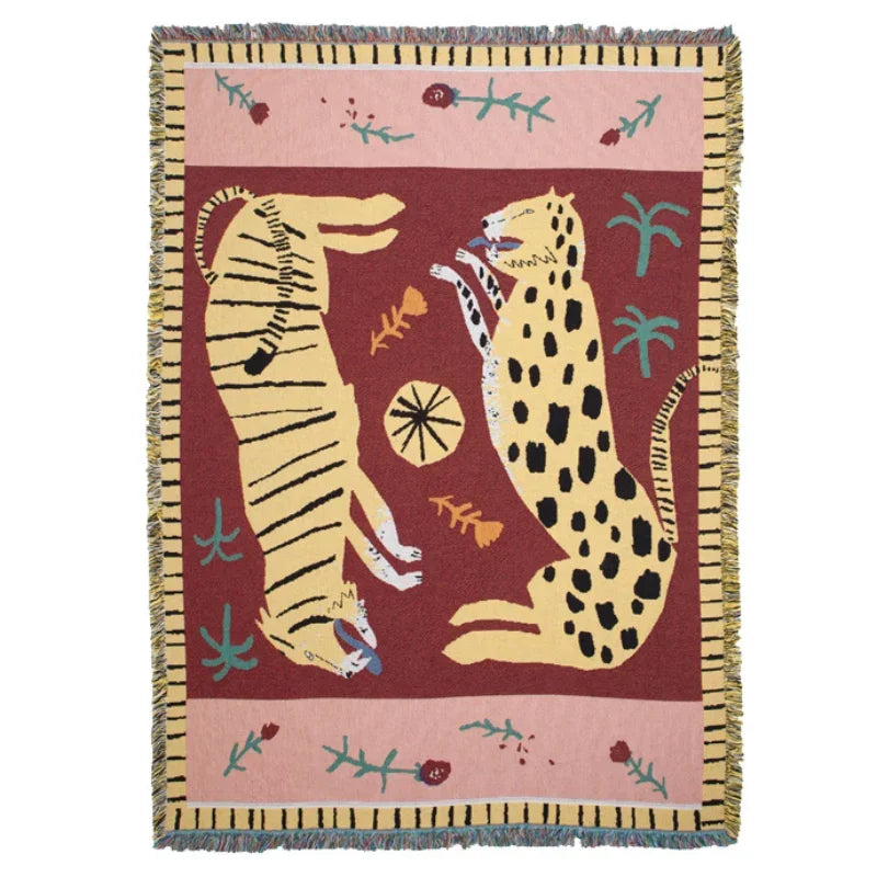 Two Leopard Tapestry Throw Blanket – Woven Cotton Blend Boho Animal Print Blanket for Sofa, Bed & Home Decor