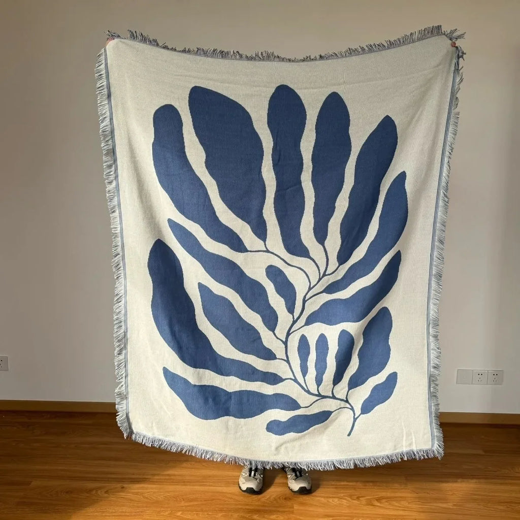 Blue Leaf Embroidered Throw Blanket