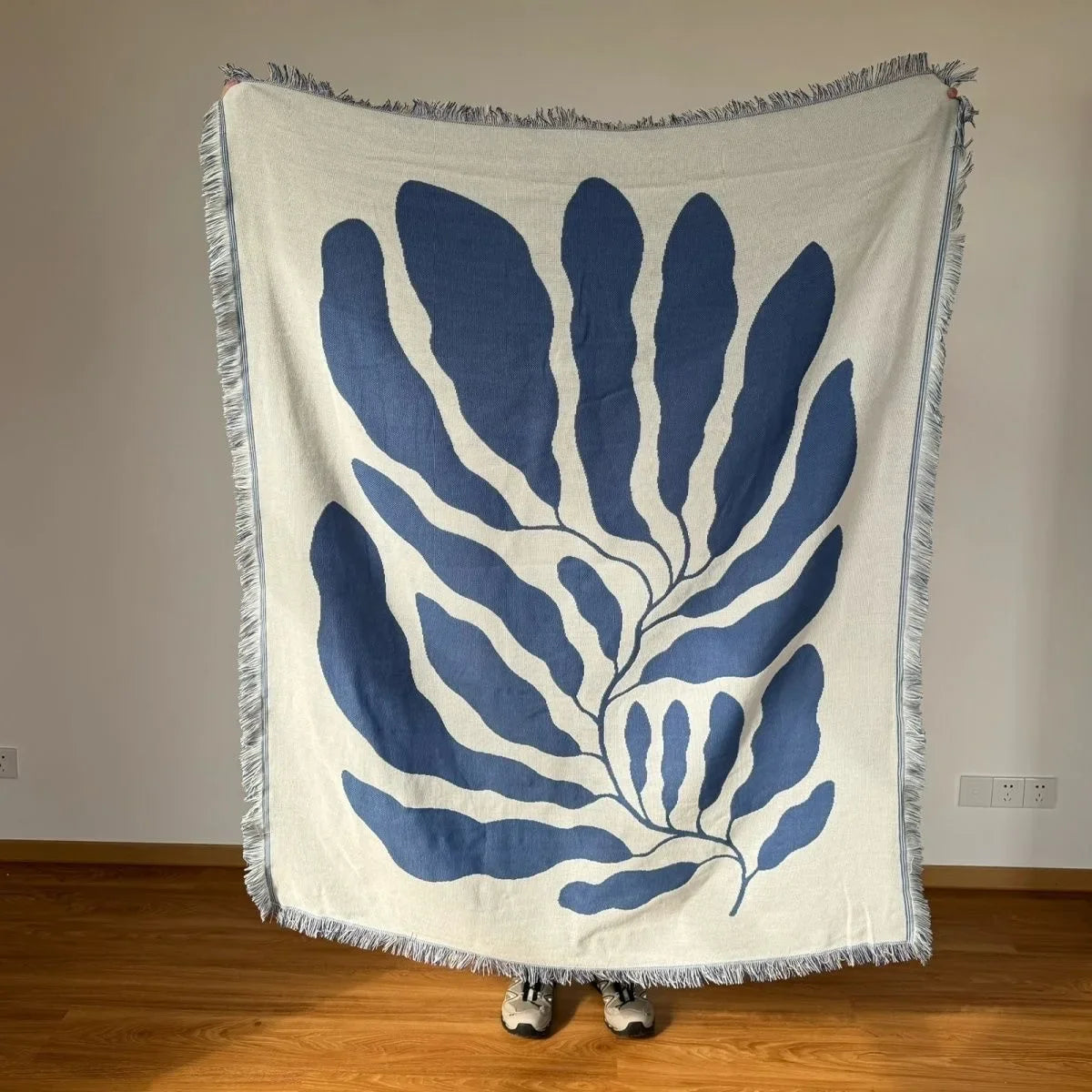 Blue Leaf Embroidered Throw Blanket