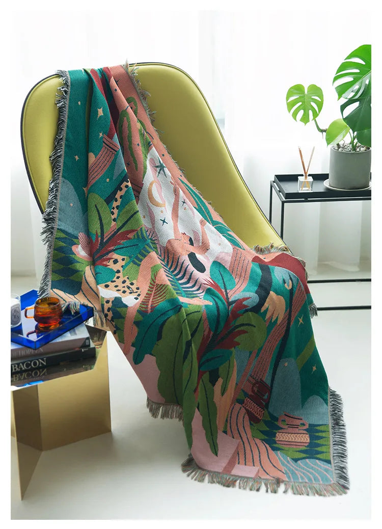 Forest Dancer Throw Blanket – Jungle Leaves Sofa Cover with Tassels