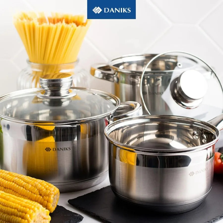 Standard 9-Piece Stainless Steel Induction Cookware Set, Saucepan, Dishwasher Safe Pots, Measuring Scale, Glass Lids, For Soup,