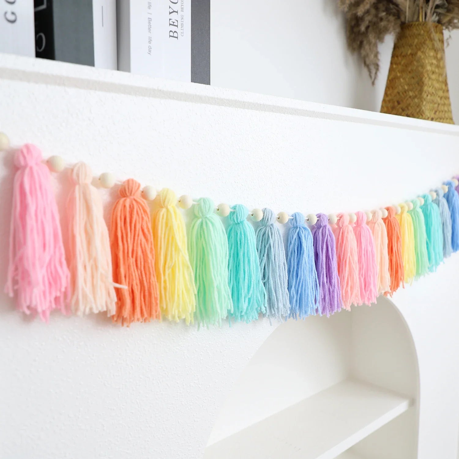 Boho Rainbow Tassel Garland with Wooden Beads