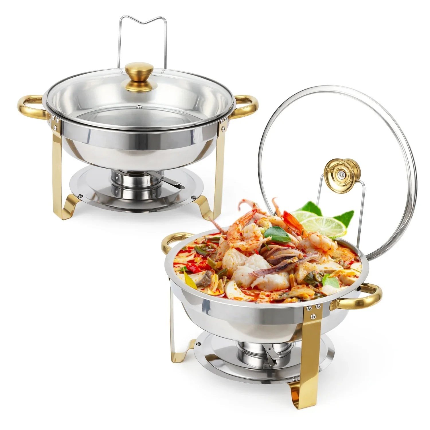 2/4 Pack Chafing Dish Buffet Set, 5QT Buffet Servers and Warmers, Round Catering Warmer with Glass Lid & Lid Holder for Party