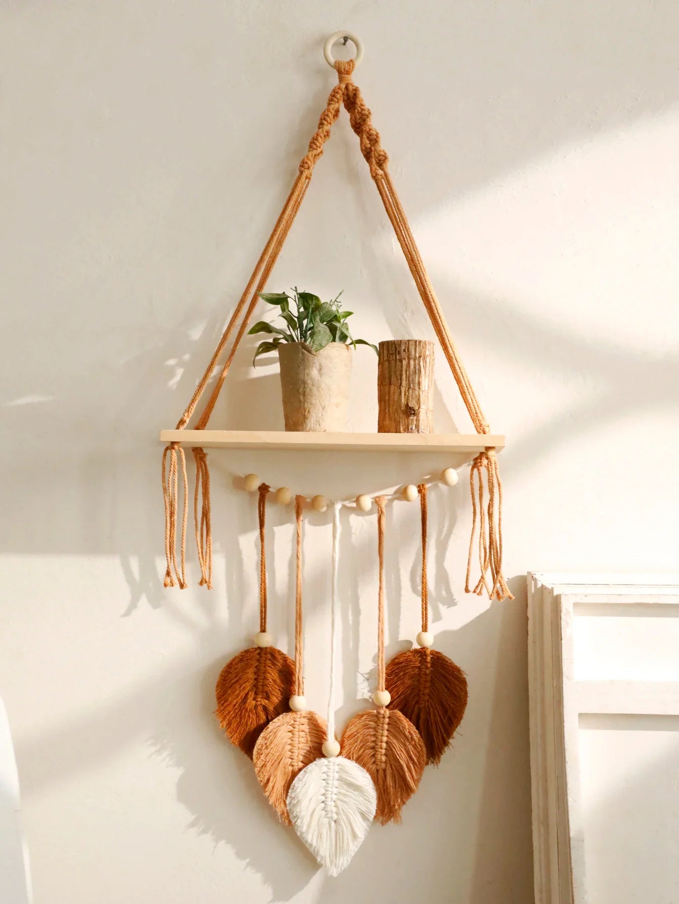 Boho Macrame Floating Wall Shelf with Leaf Tassels