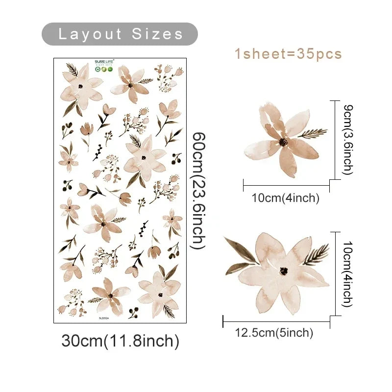 Boho Floral Leaf Wall Stickers – Removable 3D Vinyl Decals for Kids' Nursery & Home Decor - Neutral Flowers