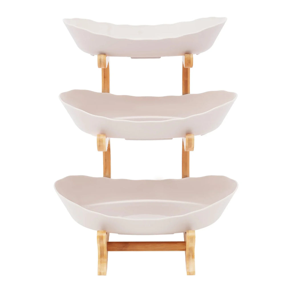 3-Tier Fruit Plate,Snack Dessert Cake Tray Plate Rack for Party Wedding,Fruit Bowl W/ Bamboo Wood Stand,Candy Dish Cake Stand