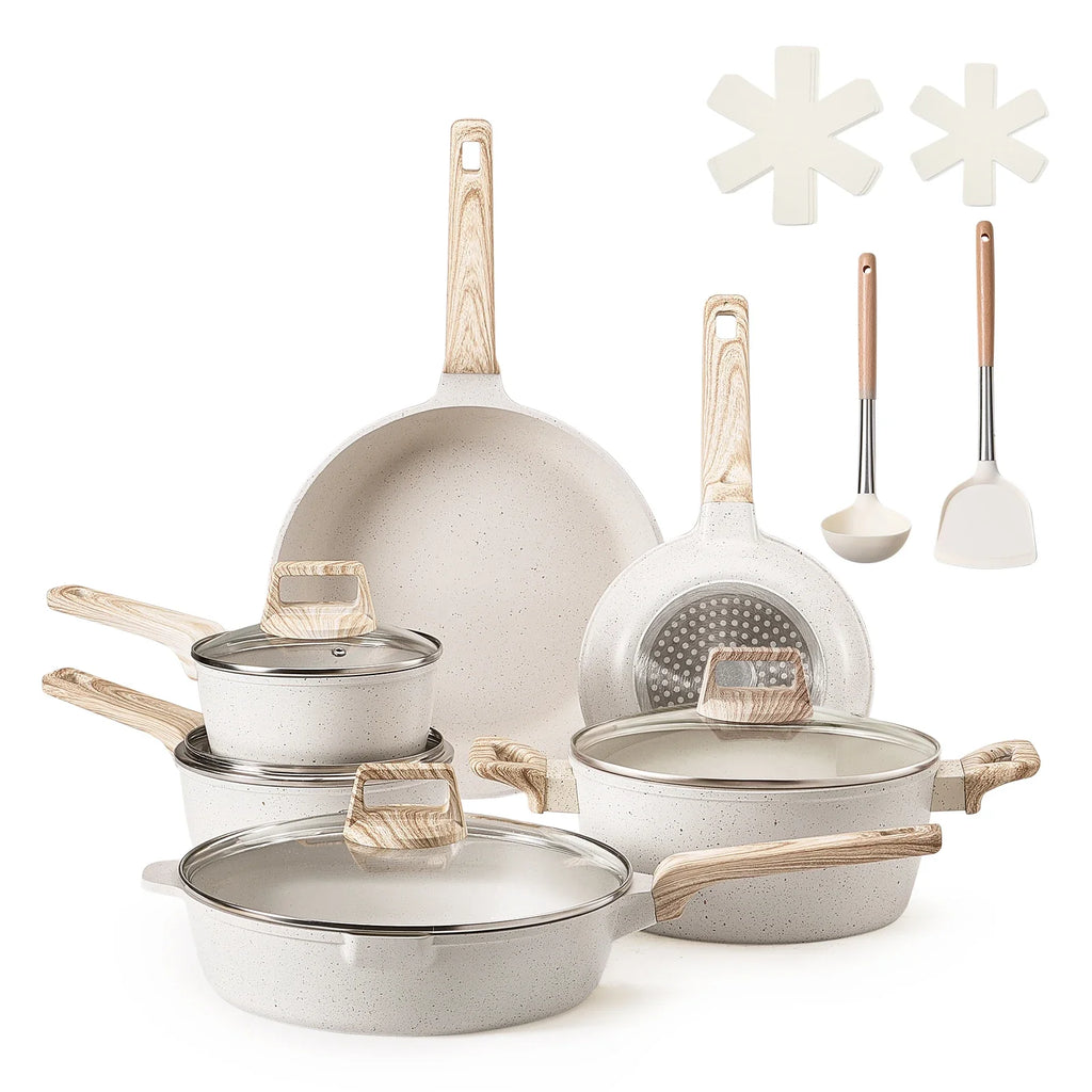 VEVOR 17 Piece Pots and Pans Set Granite Nonstick Cookware Set Induction Cookwares Kitchen RV Cooking Sets with Pan Protectors