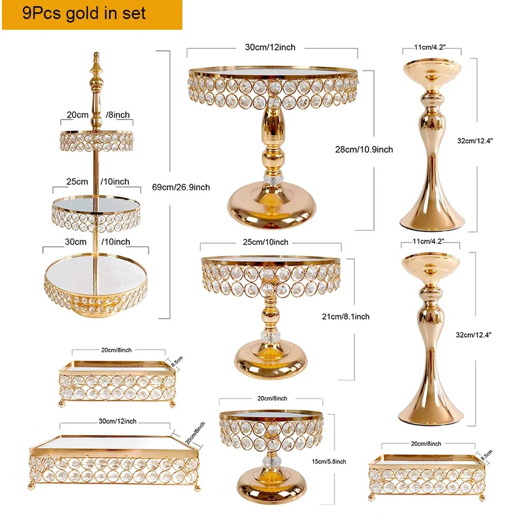 6Pcs-9PcsCake Stand Set with Crystal Beaded Mirror Metal Dessert Table Display Stands Cupcake Holder for Birthday Party Festival