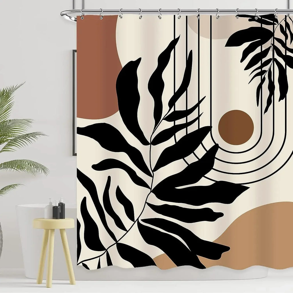 Abstract Bohemian Shower Curtain Arch Sun Moon Phases Boho Leaf Modern Minimalist aesthetic line geometric decorative Bathroom Home Decor Cat Leaves Mountains Outdoors