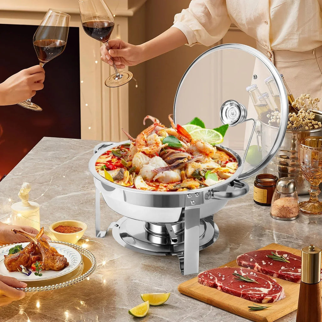 2/4 Pack Chafing Dish Buffet Set, 5QT Buffet Servers and Warmers, Round Catering Warmer with Glass Lid & Lid Holder for Party