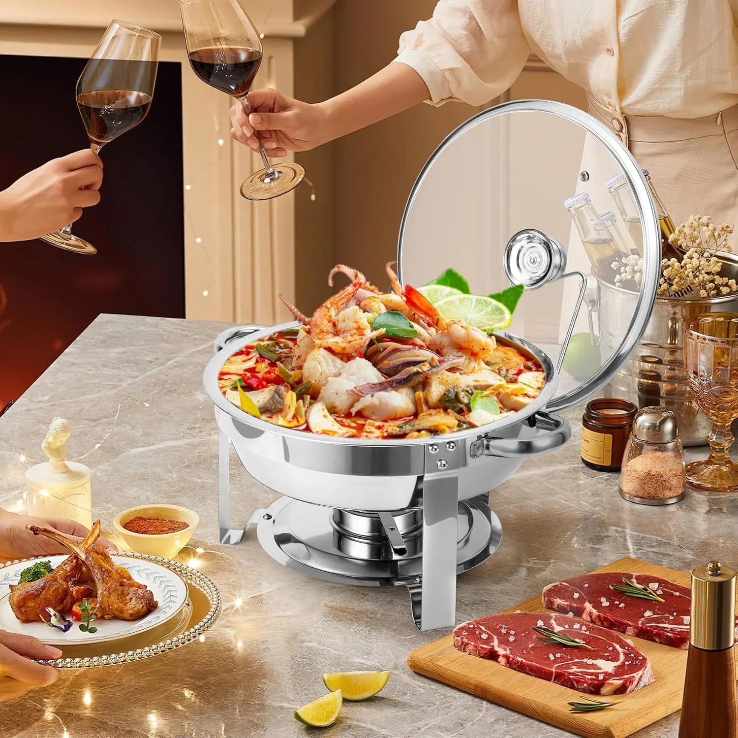 2/4 Pack Chafing Dish Buffet Set, 5QT Buffet Servers and Warmers, Round Catering Warmer with Glass Lid & Lid Holder for Party