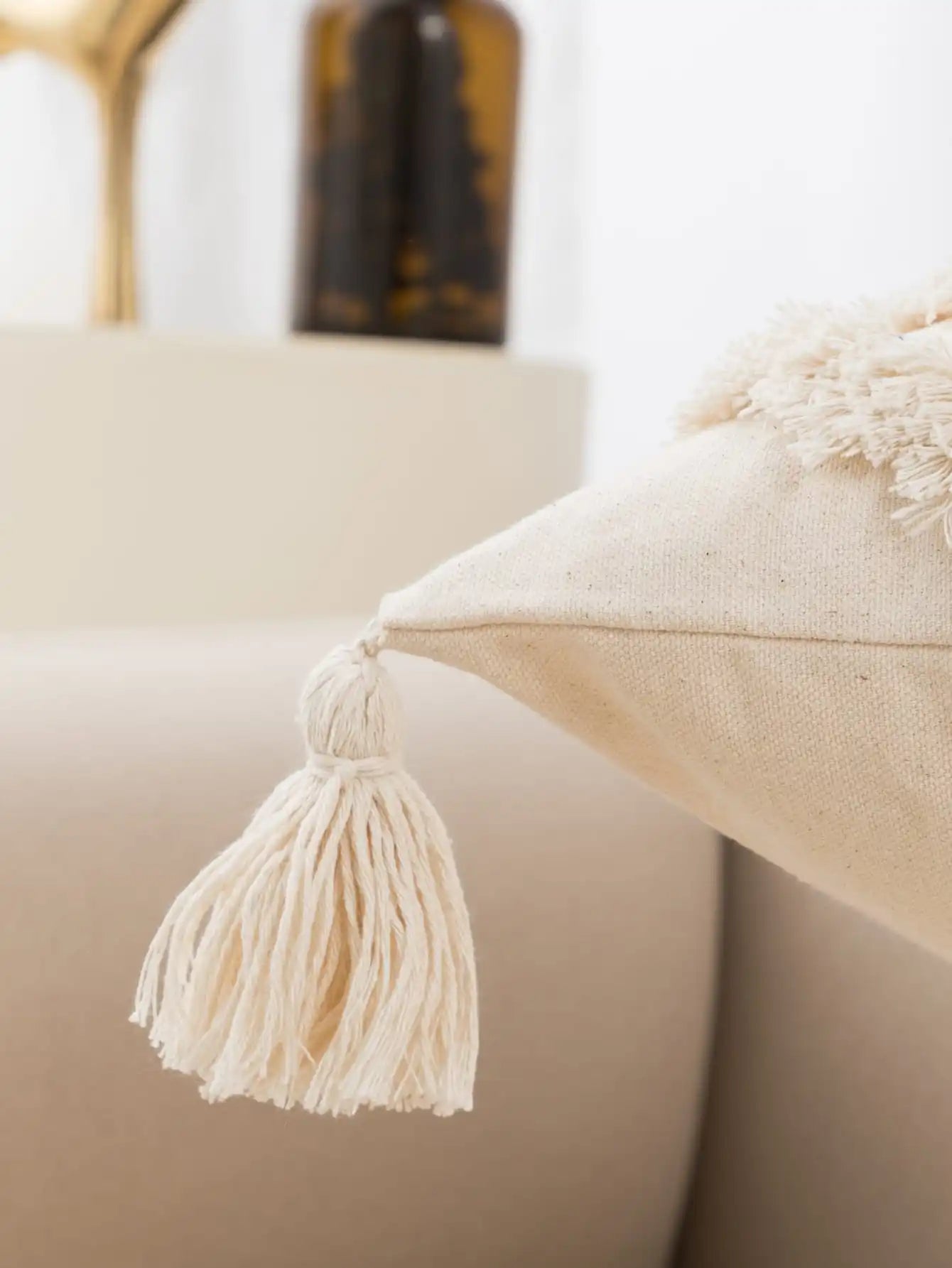 Beige Diamond Shaped Tufted Fringed Pillow Cover